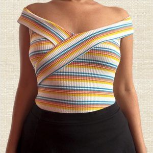 Sunset themed striped light off-shoulder criss-cross bodysuit